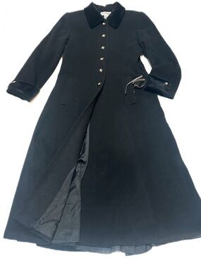 Vintage Preston & York Black Wool Velvet Trim Princess Seamed Dress Coat Maxi